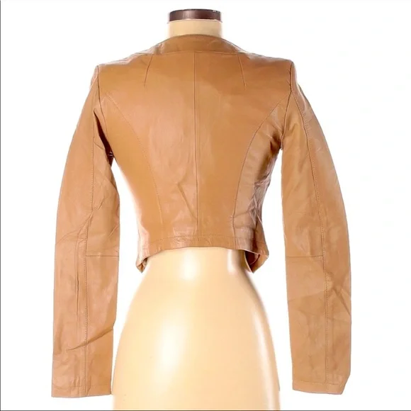 Tan Leather Asymmetrical Zip Front Jacket - Picture 2 of 2